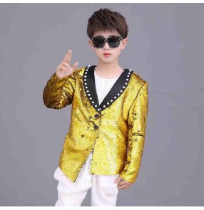 Boys gold sequin shiny jazz dance coats drummer gogo dancers model show host singers choir pianist performance jackets for kids